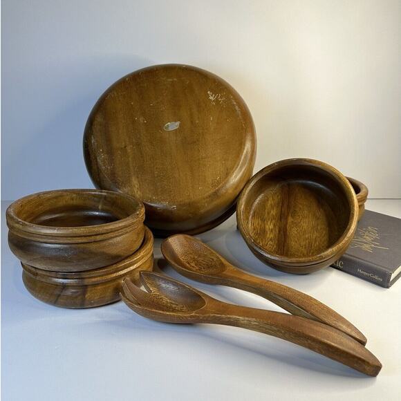 Genuine Monkey Pod Handcrafted Wood Made in the Philippines Salad Bowl Set of 7 - Picture 6 of 7